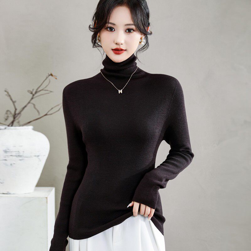 法式精纺纯羊毛无缝针织衫女2026春秋新款薄款打底堆堆领修身毛衣