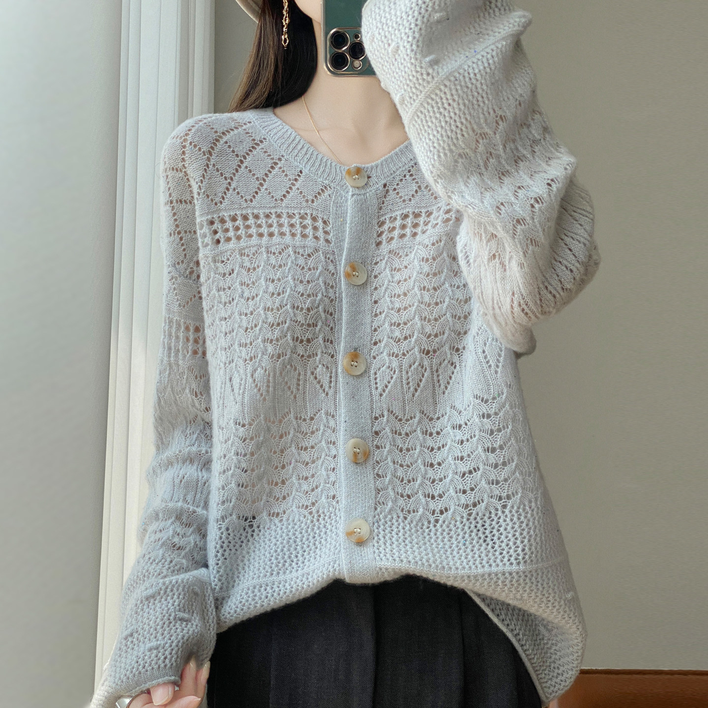 慵懒风100%纯羊毛开衫女2025年秋季新款镂空针织毛衣外套薄款上衣
