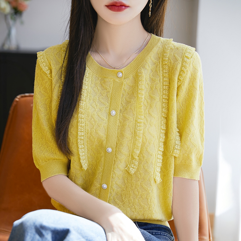 夏季圆领短袖T恤女蕾丝拼接镂空五分袖针织衫上衣宽松桑蚕丝半袖