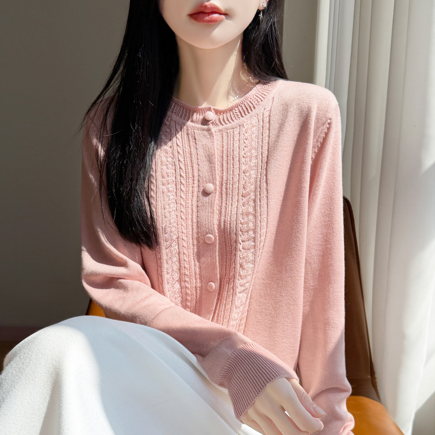 慵懒风精纺针织开衫女圆领外套毛衣薄款外搭宽松纽扣上衣春秋新款