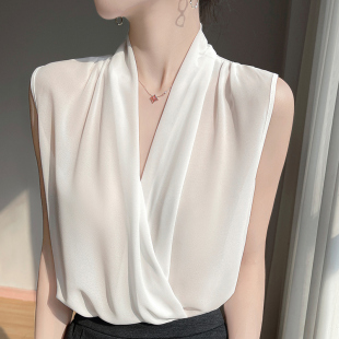 内搭丝滑乔其纱交叉白色衬衫 法式 t恤V领吊带背心女西装 无袖 薄 夏季