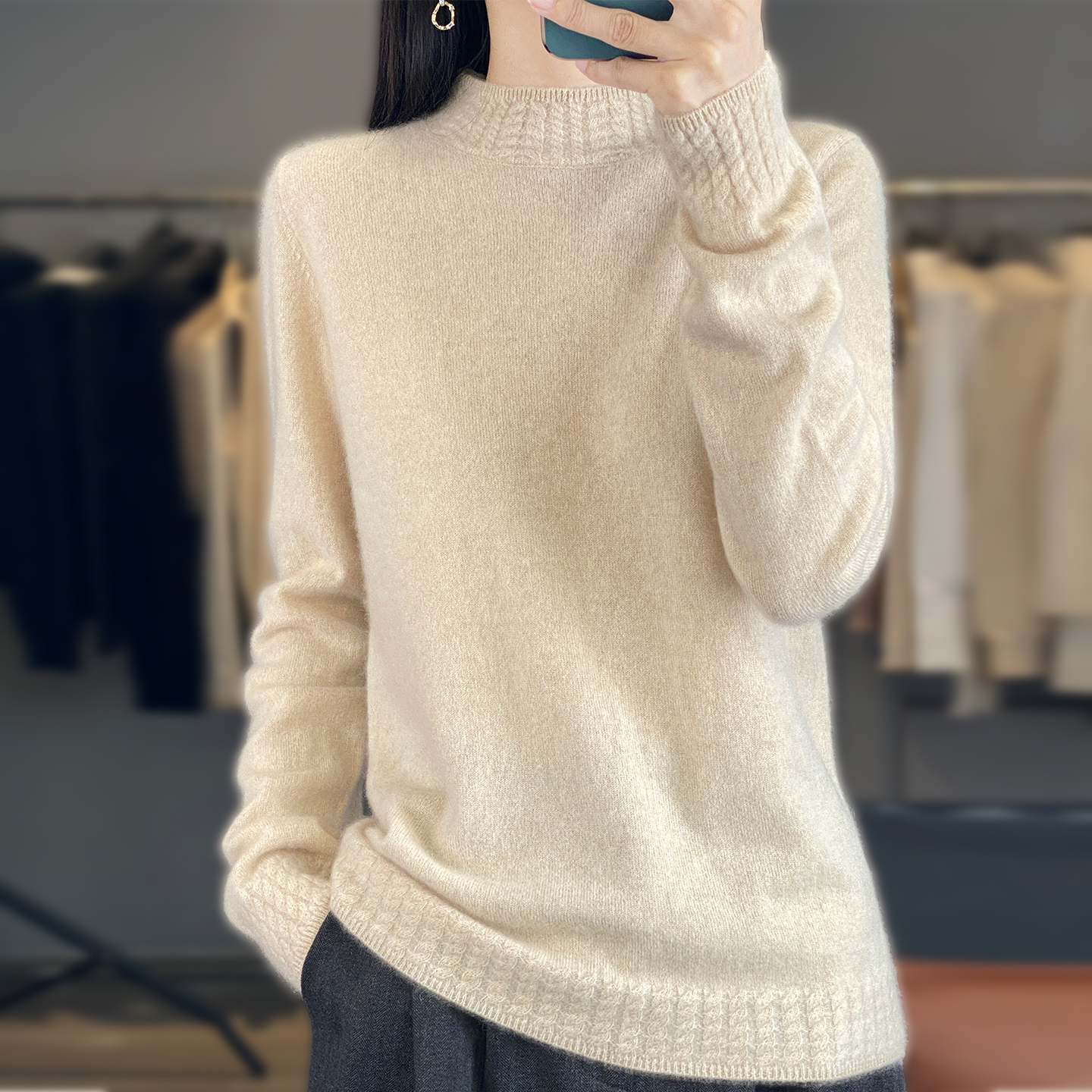 2025秋冬新款100%纯羊毛衫女半高领宽松加厚套头打底针织毛衣外套