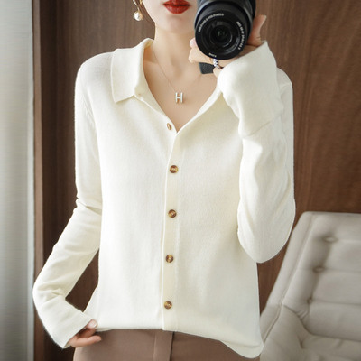 品牌高品质秋冬新款POLO领羊毛开衫女宽松毛衣外套翻领针织打底衫