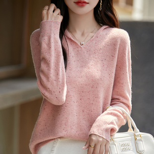慵懒风点子纱100%纯羊毛长袖连帽针织衫女时尚宽松设计感毛衣外套