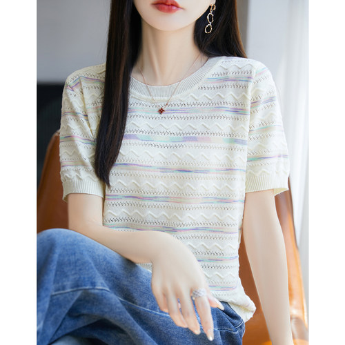 冰丝彩条短袖t恤女2026夏季新款圆领宽松正肩半袖洋气针织衫上衣