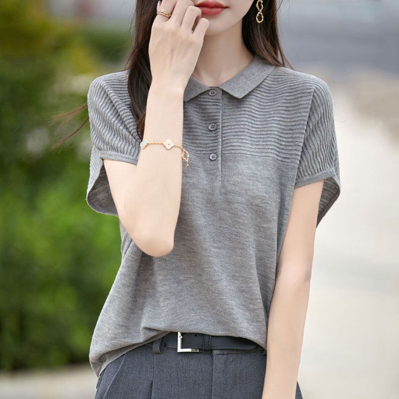 高级感法式POLO领冰丝针织短袖T恤女轻薄透气翻领t恤宽松气质上衣