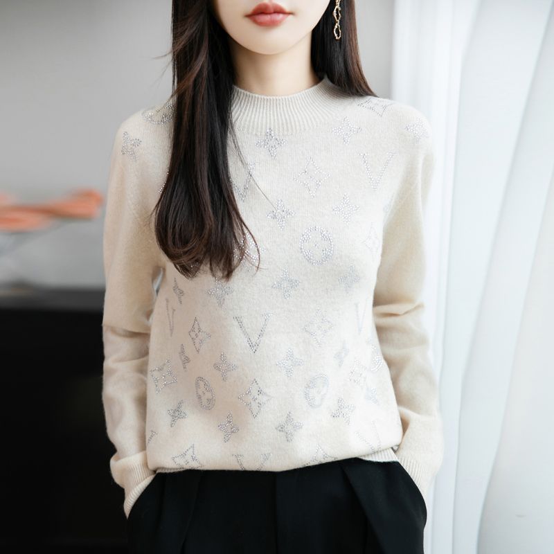 高级感烫钻半高领毛衣女2026秋冬新款宽松显瘦长袖针织打底衫上衣