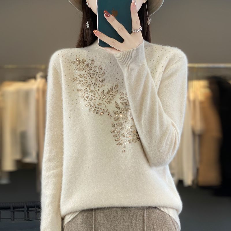 轻奢质感~半高领毛衫女烫钻毛衣内搭2026秋冬洋气长袖针织打底衫