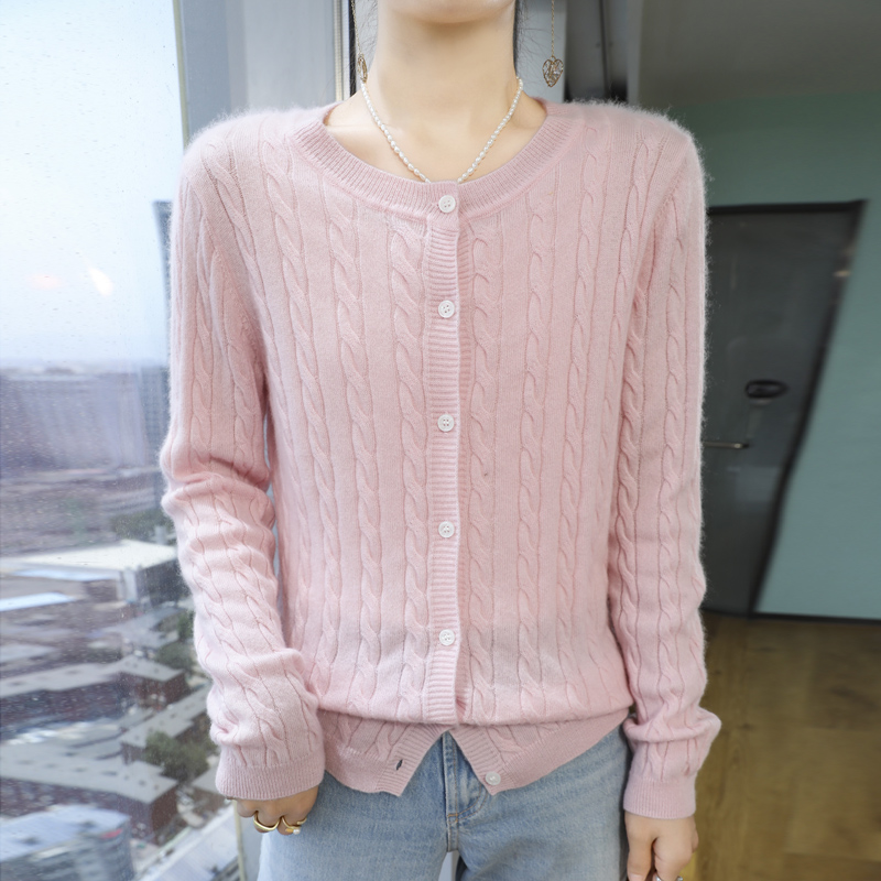 秋冬新款羊毛开衫女圆领纽花时尚针织百搭宽松打底外套羊绒衫毛衣