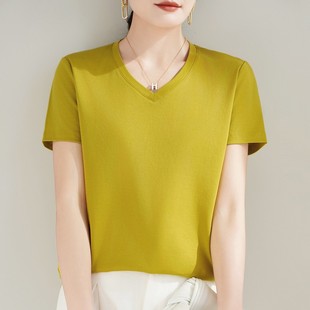 高级感100%丝光纯棉V领短袖T恤女宽松显瘦纯色正肩体恤新疆棉上衣