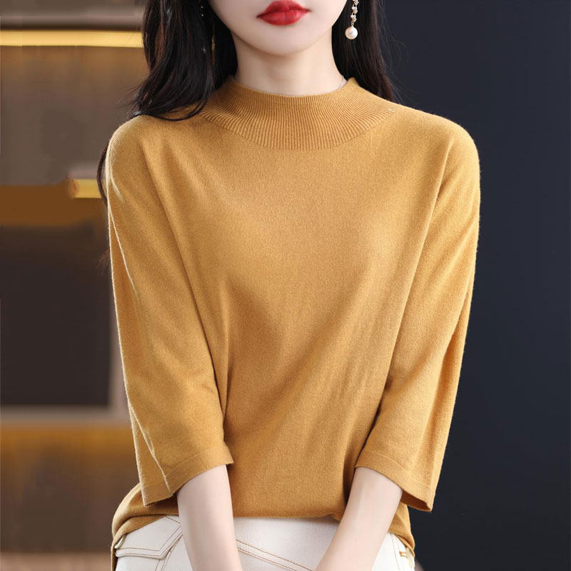 特价针织衫女七分袖半高领T恤薄款春夏桑蚕丝短袖百搭上衣打底衫