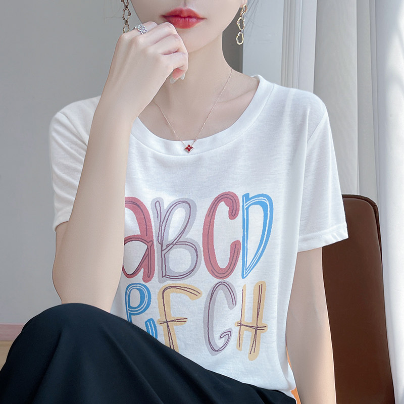 夏季莱赛尔天丝针织短袖T恤女圆领字母拼色宽松半袖打底衫上衣薄