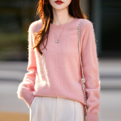 HE | 拉毛工艺！95%羊毛5%山羊绒衫女圆领针织衫宽松软糯加厚毛衣