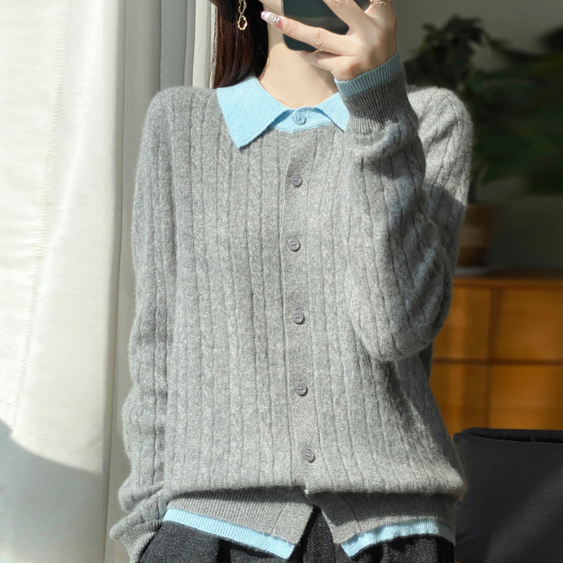 正品简织禾100%纯羊毛衫秋冬季翻领假两件开衫外套麻花针织毛衣女
