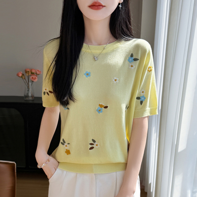 商场同款2026夏季新款刺绣短袖t恤女小香风莱赛尔针织打底衫上衣