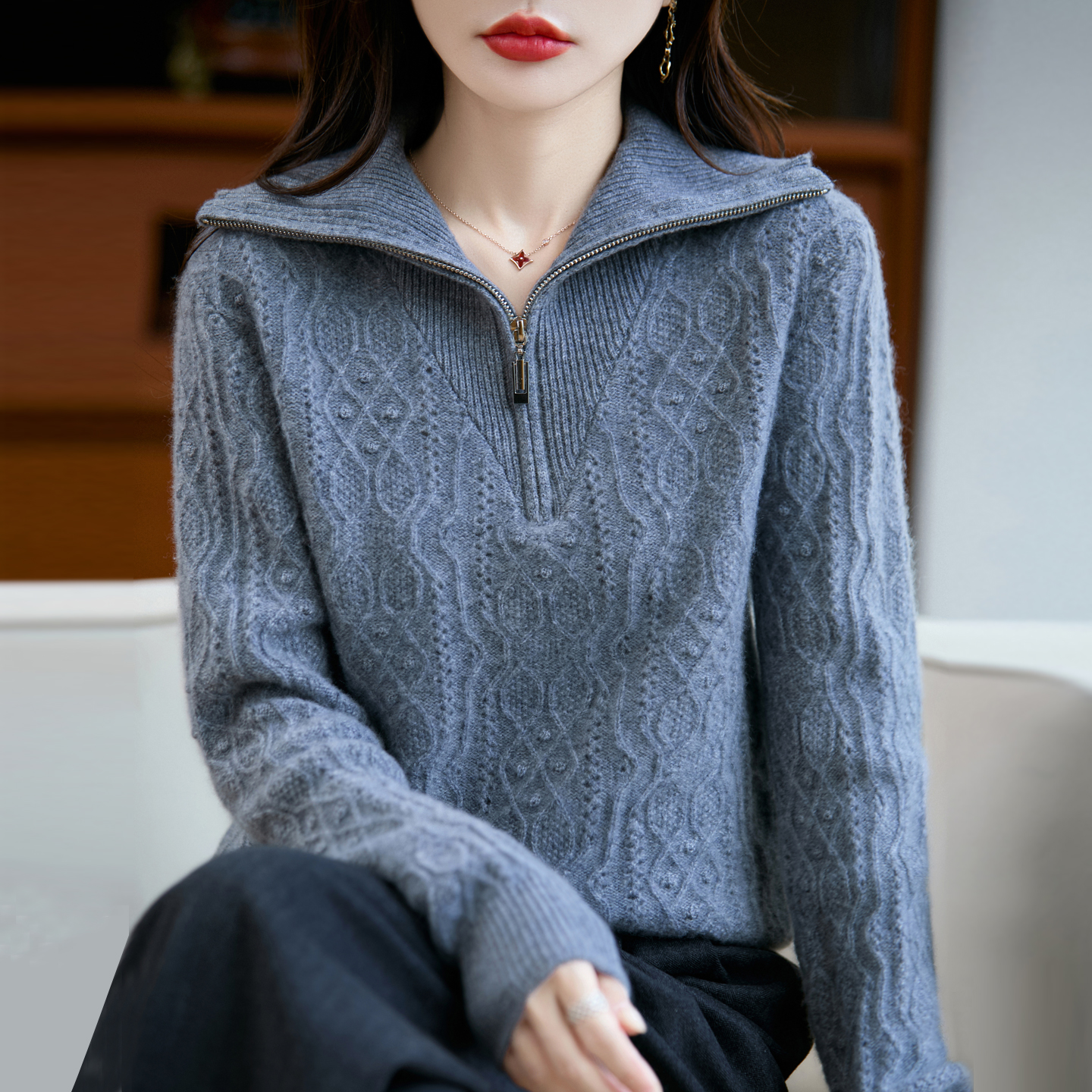 特价款100%纯羊毛衫女2025新款秋冬宽松翻领半拉链毛衣针织打底衫