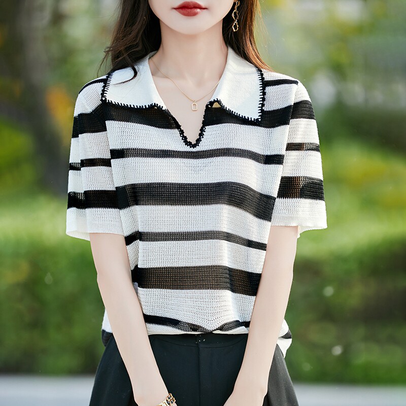 撞色POLO领天丝莱赛尔针织短袖T恤女条纹镂空上衣宽松打底衫半袖T