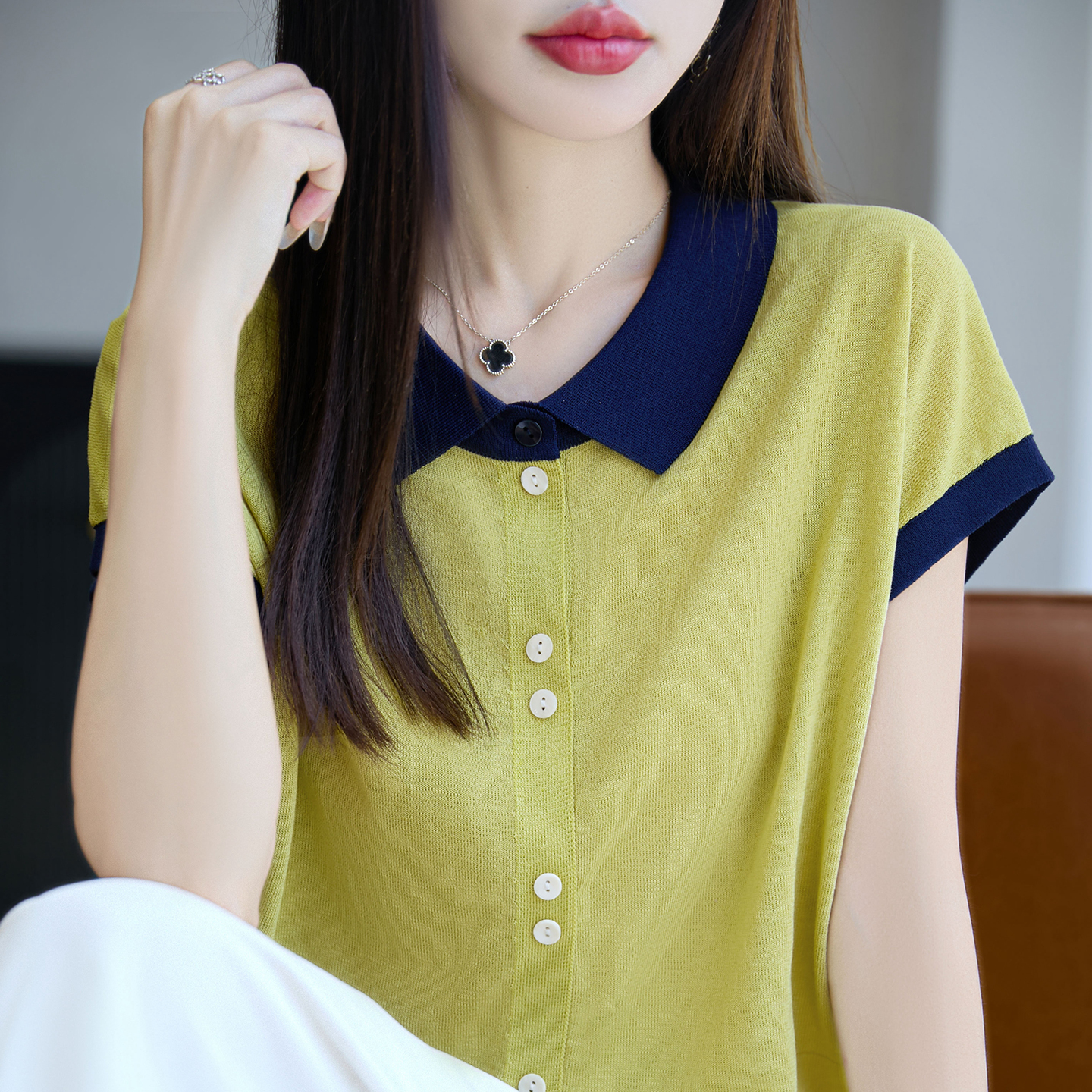 翻领拼色莱赛尔天丝针织短袖开衫女夏季薄款纽扣上衣宽松T恤半袖