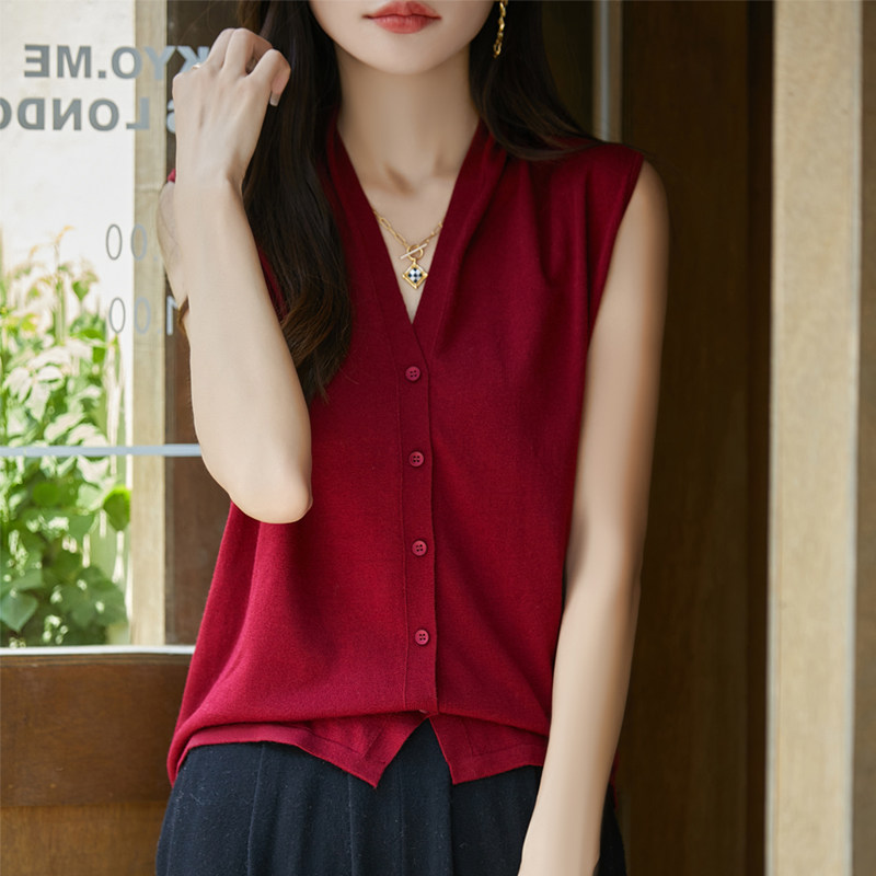 精纺羊毛无袖开衫马甲法式V领T恤针织背心女夏季薄款外穿气质上衣