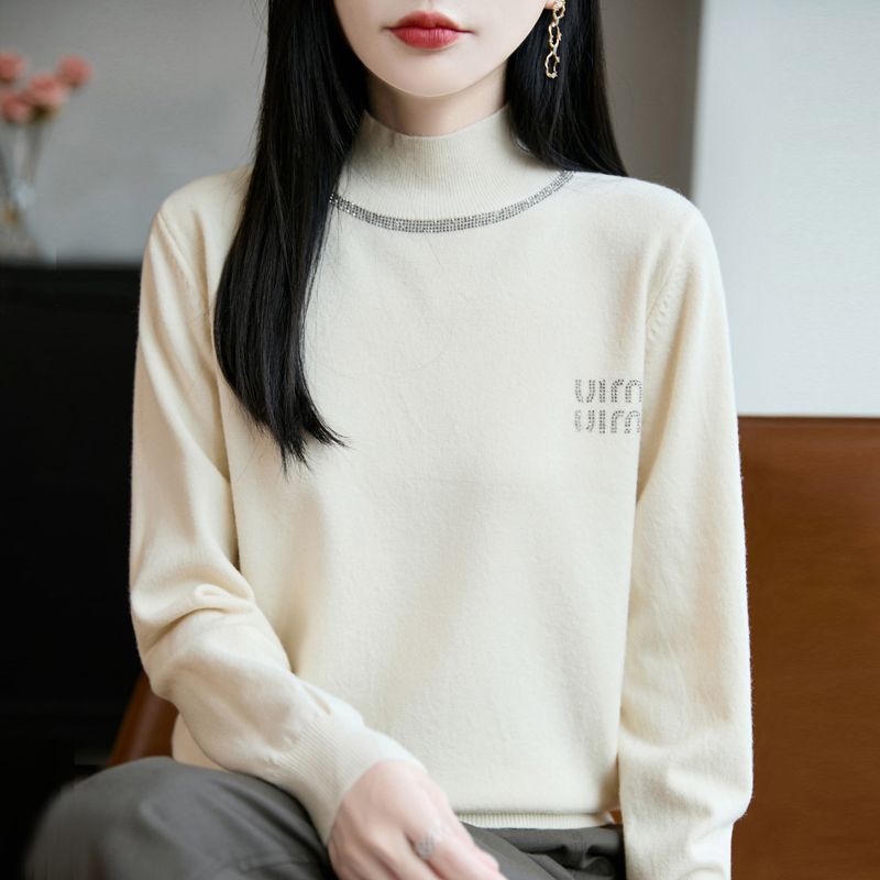 轻奢质感~半高领毛衫女烫钻毛衣内搭2026秋冬洋气长袖针织打底衫