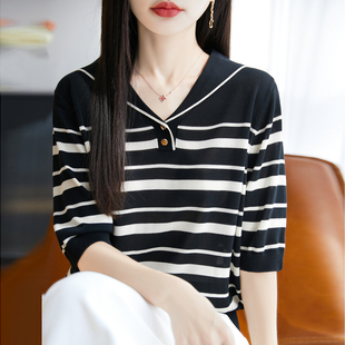 高品质黑白条纹莱赛尔天丝短袖t恤女薄款