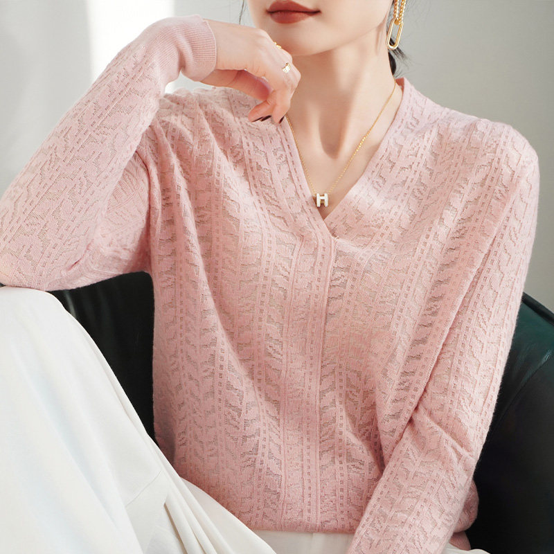 设计感镂空~气质薄款羊毛针织衫女早春秋2026新款V领打底上衣外套