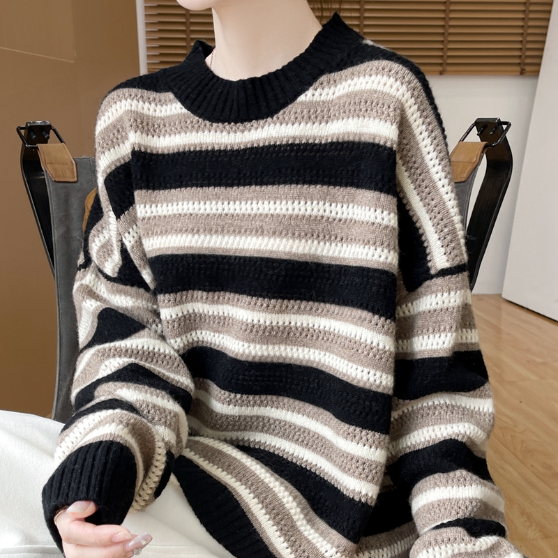 2025秋冬新款100%羊毛衫女圆领毛衣条纹针织衫宽松显瘦打底衫外套