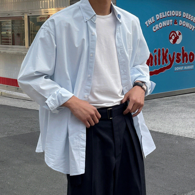 春夏季浅蓝色长袖衬衫男生寸衣韩系氛围感穿搭高级感衬衣外套上衣