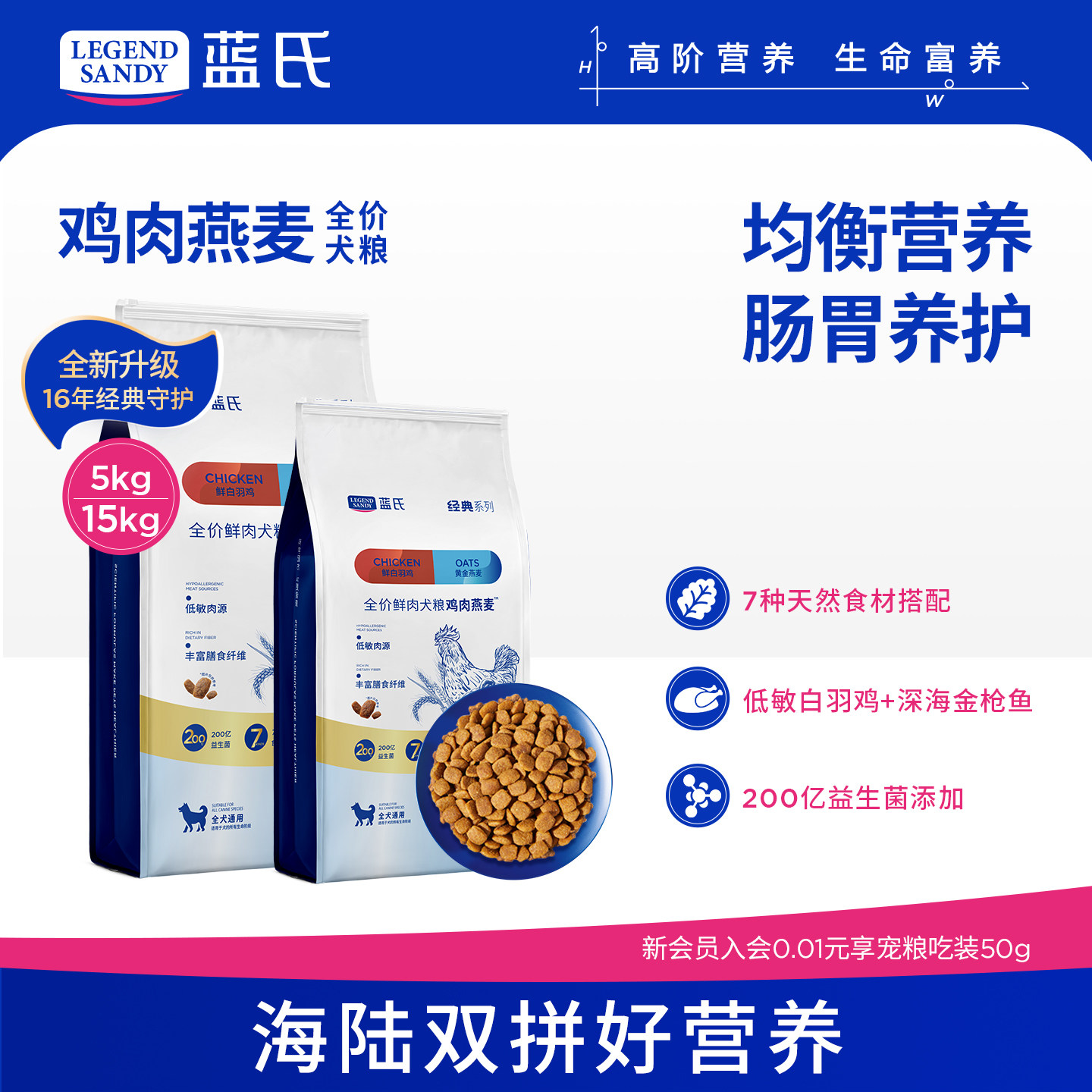 蓝氏经典狗粮鸡肉燕麦护肠胃全价鲜肉犬粮中小型犬大型犬通用15kg