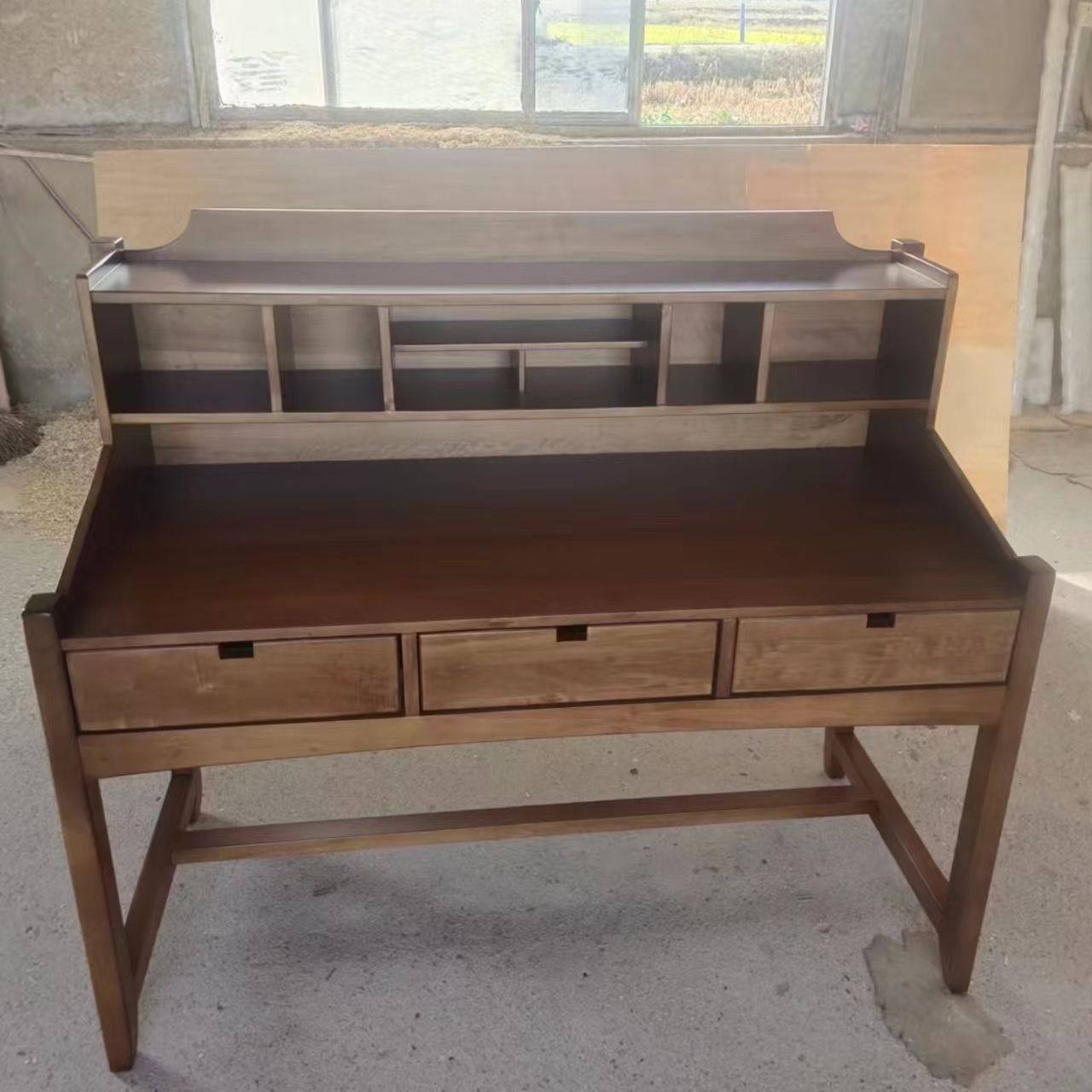 美式复古做旧全实木书桌收纳书柜简约小型书架一体儿童写字学习桌