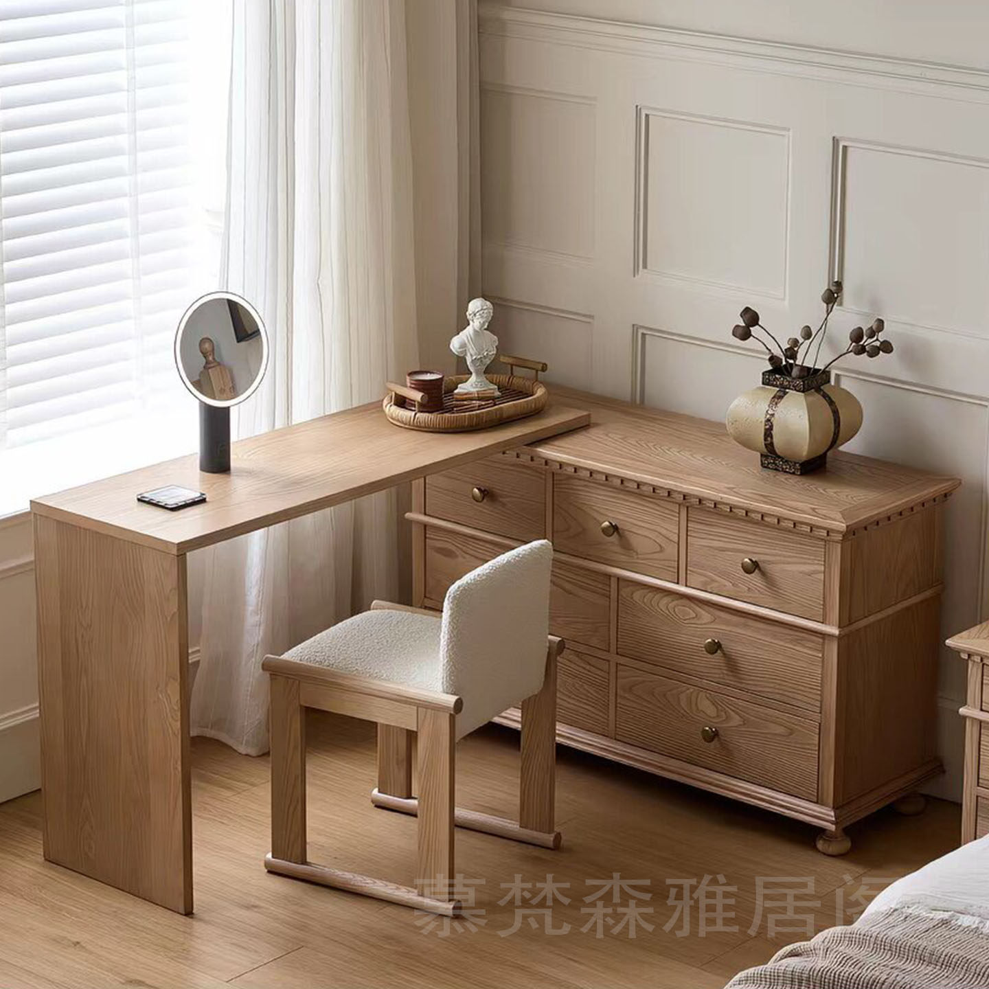 家具定制法式中古风实木梳妆台七斗柜一体卧室家用床尾转角化妆台