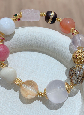 爱心多宝璎珞水晶珠串新中式国风925银镀金手串手链