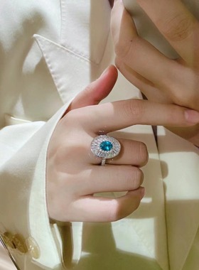 复古培育帕拉伊巴盾牌戒指1.5克拉高级感个性小众925银镀金戒指