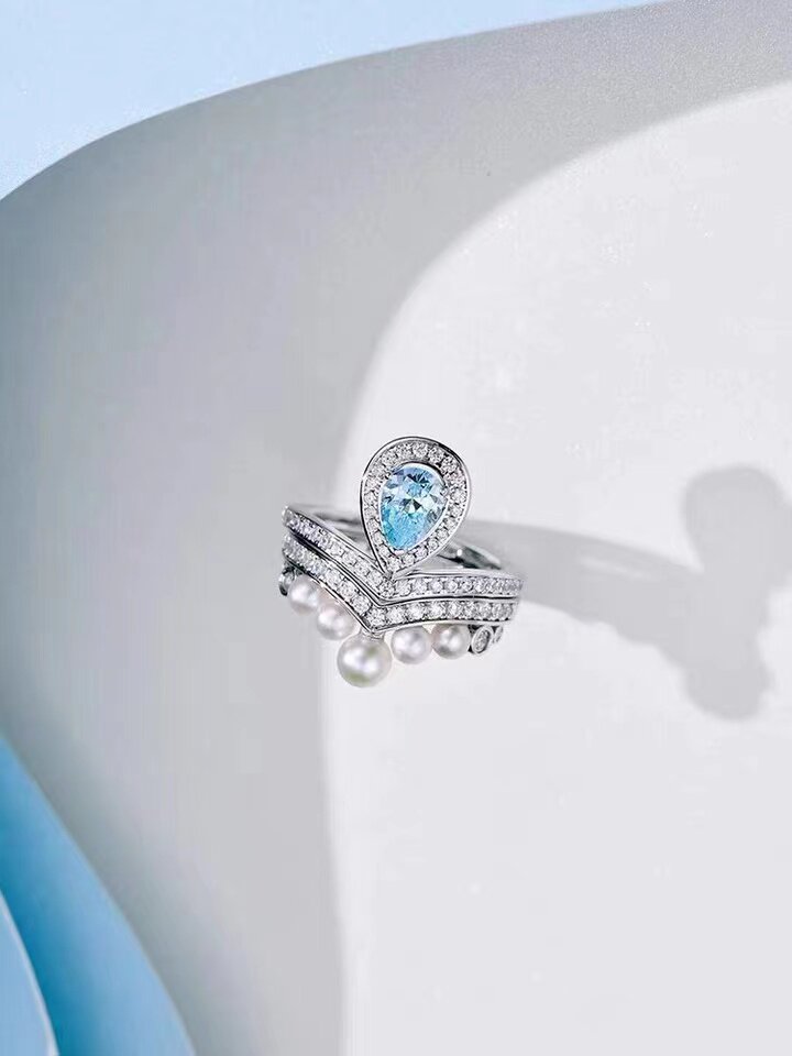 约瑟芬浅海蓝钻戒轻奢高级感仙女925纯银镀18k金戒指可叠戴75分钻