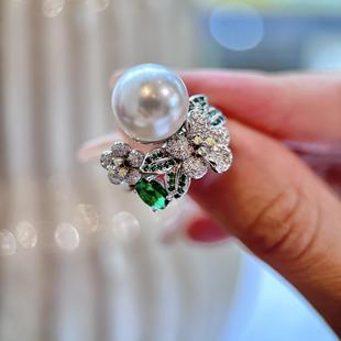 12mm正圆澳白珍珠祖母绿戒指纯银镀18K金手工镶嵌宝石