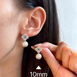 新中式10/12mm正圆极强光澳白珍珠祖母绿翡翠质感耳钉母亲节送礼