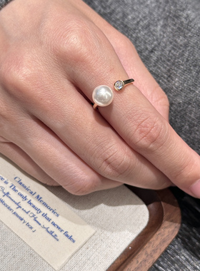 新品S925纯银akoya质感大溪地真多麻施家珍珠正圆镶嵌钻戒指尾戒