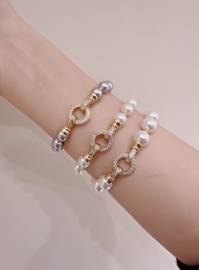 真多麻色珍珠手链 进口施家铂金灰 美国包金金珠 铜镀18K金钻扣