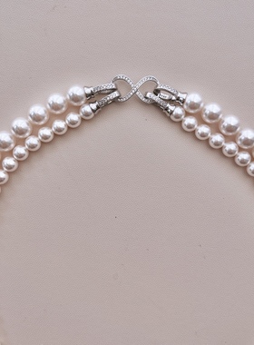 5/6/8mm施家珍珠项链2条组合akoya质感正圆强光S925纯银镀白金扣