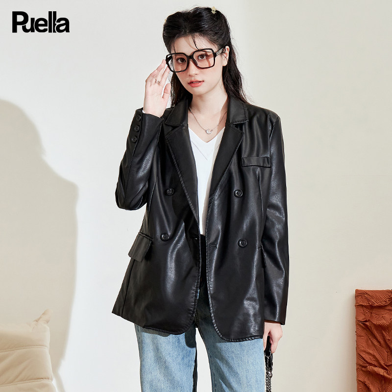拉夏贝尔Puella网红时尚港风双排扣气质机车pu西装皮衣夹克外套女怎么看?
