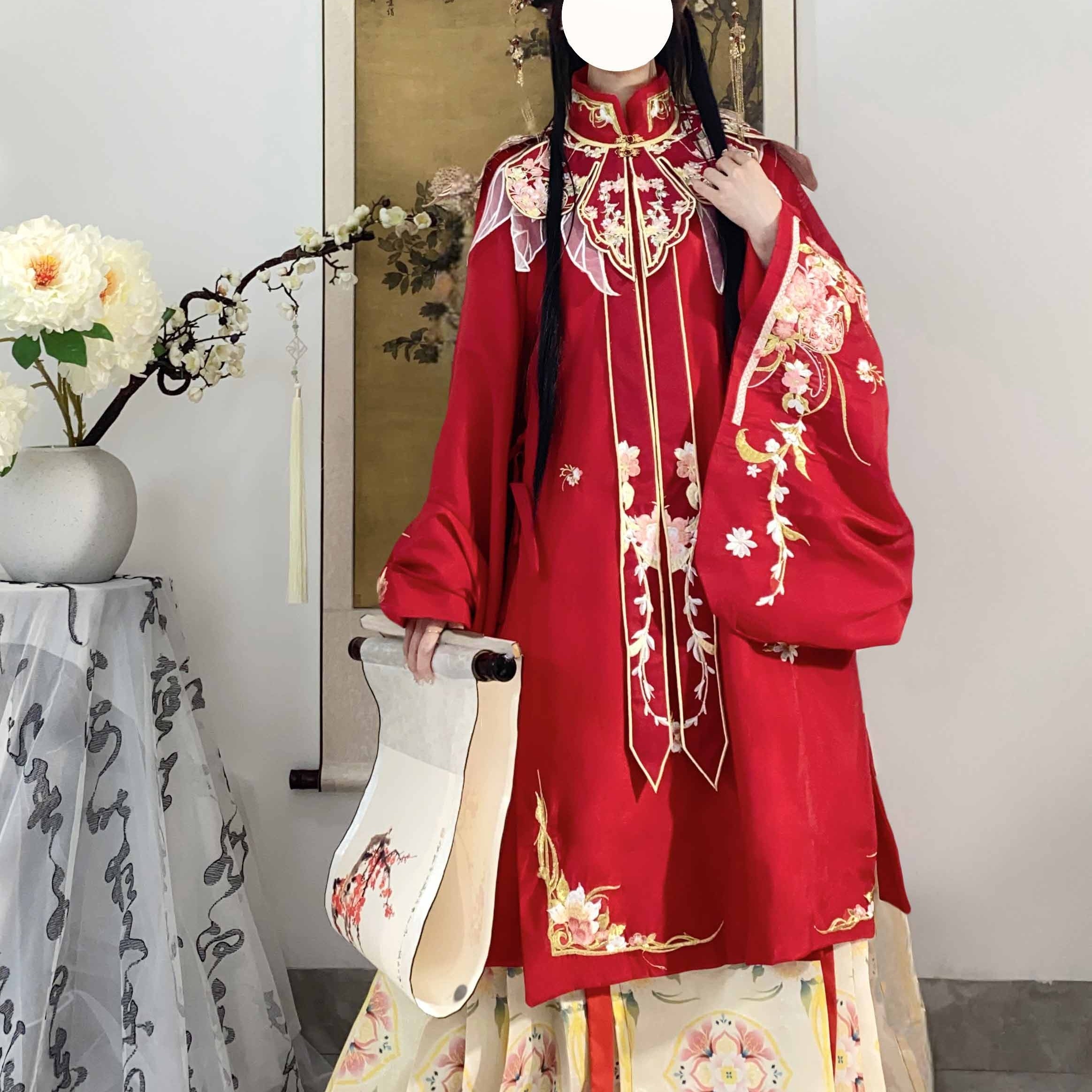 原创汉服女立领斜襟马面裙套装中国风刺绣云肩红色古装春款2025年