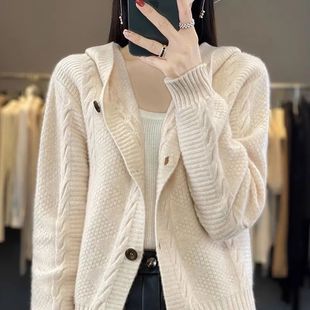 新款 秋冬毛衣女带帽子加厚外搭宽松洋气慵懒风针织衫 连帽针织开衫