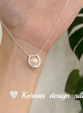 韩国简约ins博主同款吊坠 S925纯银U形珍珠锁骨项链叠戴高级感女