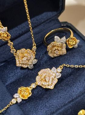 S925纯银小众轻奢双生玫瑰花造型饰品套装组手链项链戒指女高级感