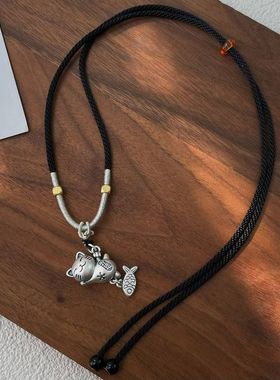 S925纯银复古新中式编织招财猫可调节项链毛衣链高级小众设计百搭