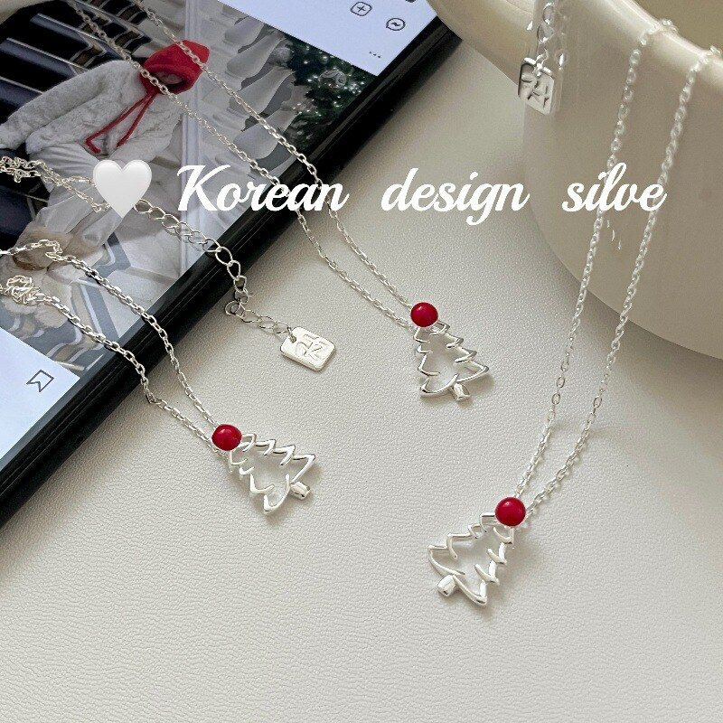 韩国圣诞节ins爆款锁骨链 S925纯银镂空红色滴釉圣诞树项链百搭款