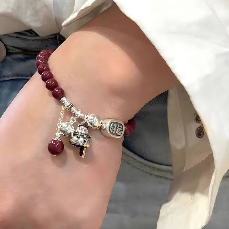 好运连连招财猫手串999足银朱砂流苏手链小众送女友本命年招财转