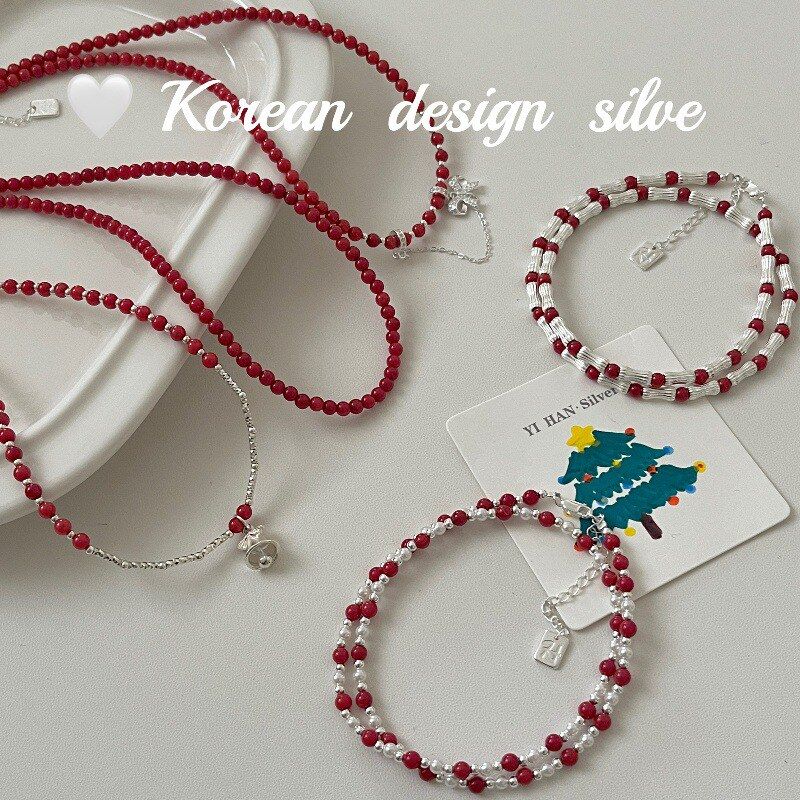 韩国轻奢锁骨链 S925纯银红色圆珠铃铛蝴蝶结项链 圣诞新年单品女