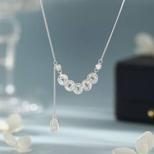 阿宝S999足银碎冰冰五帝币流苏项链复古中式精致轻奢锁骨链代发