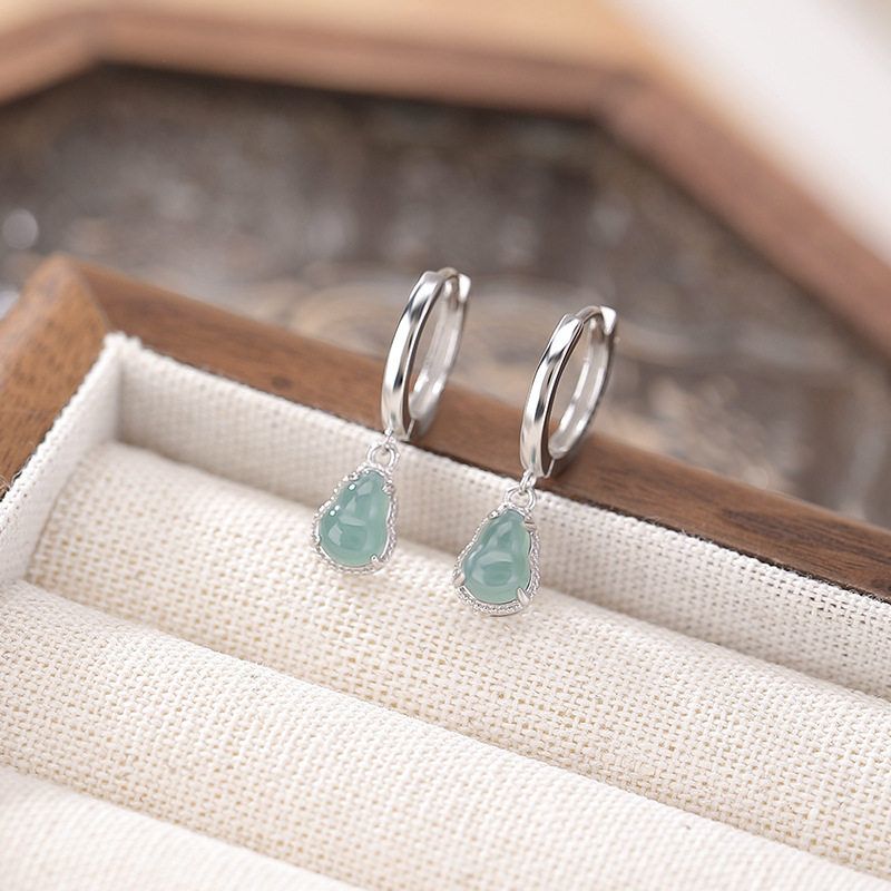 壹鹿银S925纯银蓝水翡翠复古国风福禄葫芦耳环气质百搭优雅银耳坠